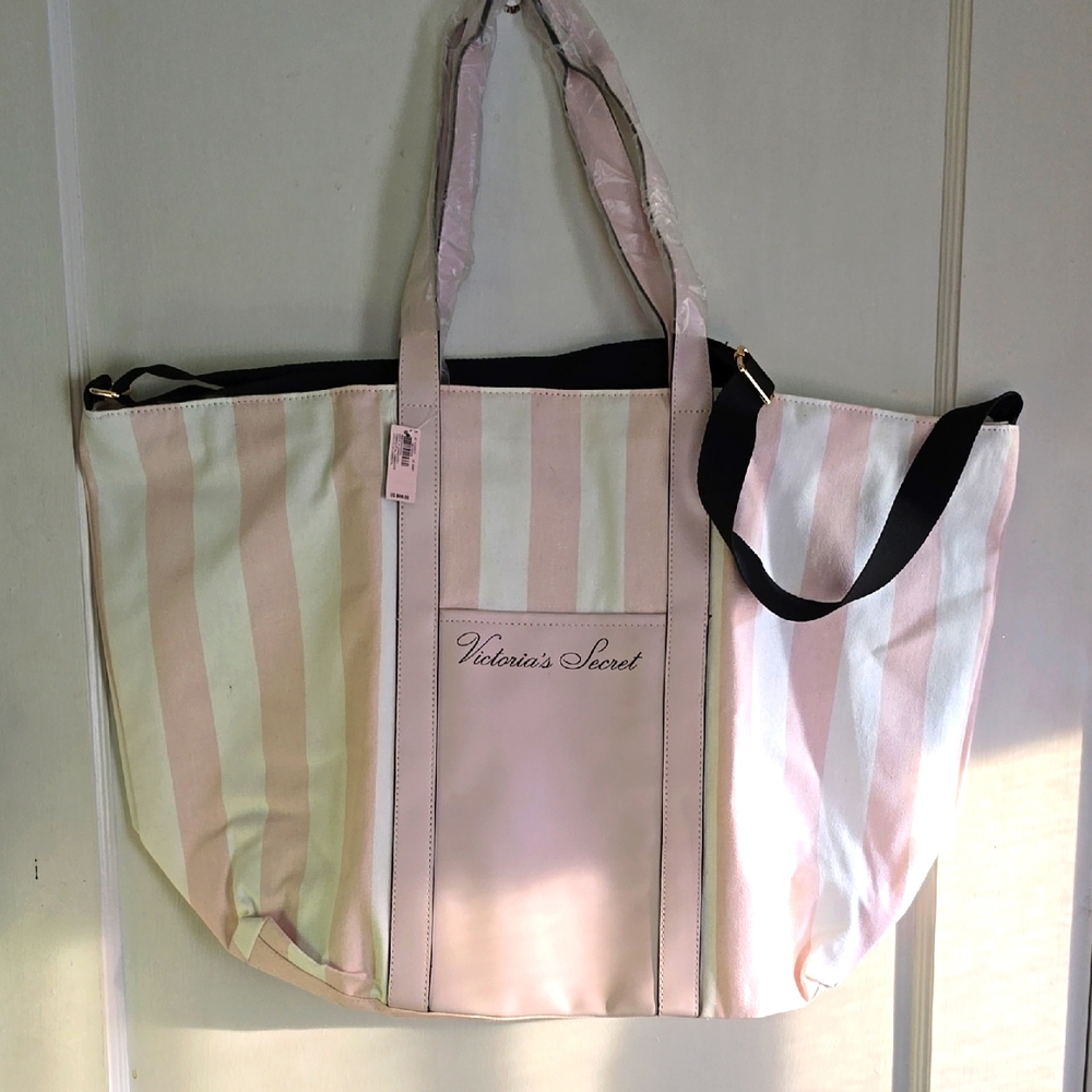 Victoria's Secret Pink White Stripe Large Canvas Tote Zip Top NWT - Picture 2 of 8